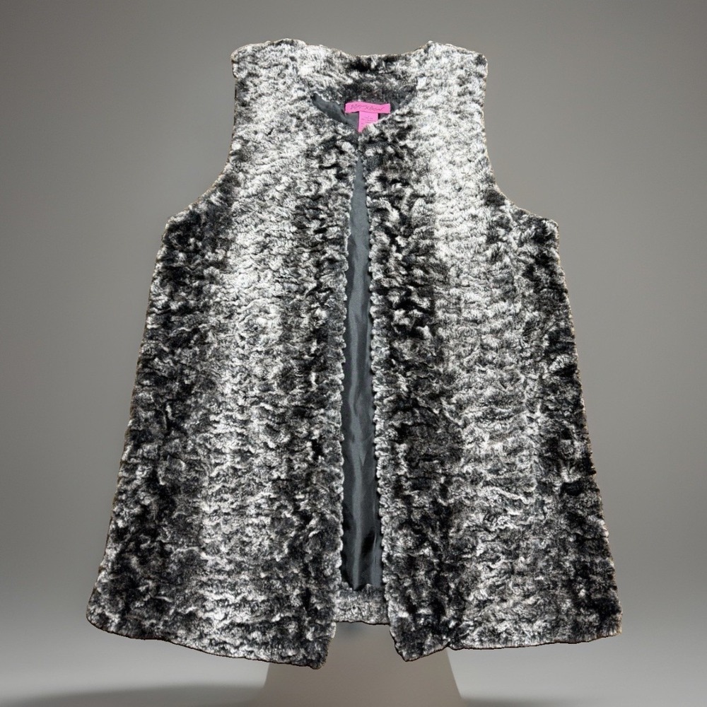 Vint. Y2K Betsey Johnson Faux Fur Vest Black & Gray Textured Swirl Pattern S-Sm